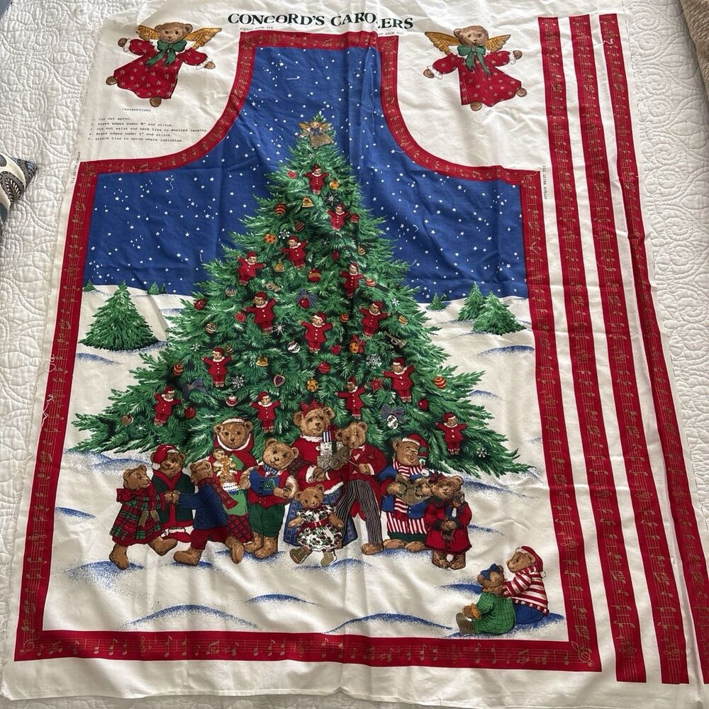 Vintage Christmas apron fabric Concord's Carolers Teddy Bears Cut and Sew